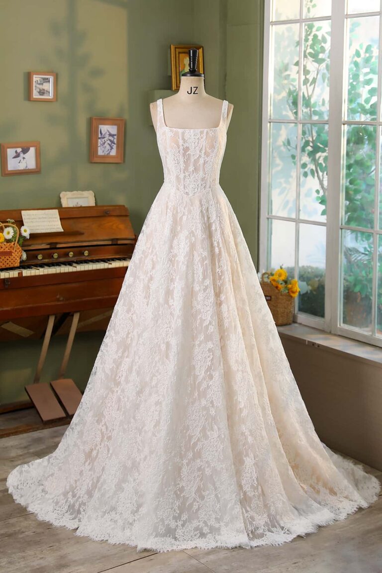 Allover Lace A-Line Gown with Sheer Corset Bodice and V Basque Waist CF3080