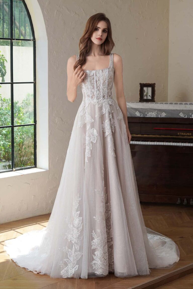 Beaded Square Neck Line Lace A Line Wedding Gown CF3102