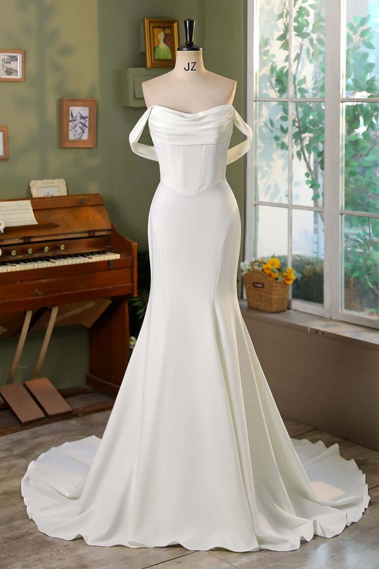 Fit And Flare Detached Off Shoulder Crepe Wedding Dress CF3074