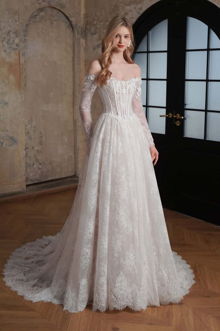 Flowing Off-the-Shoulder 3-D Flower Lace Ballgown Wedding Dress CF3615