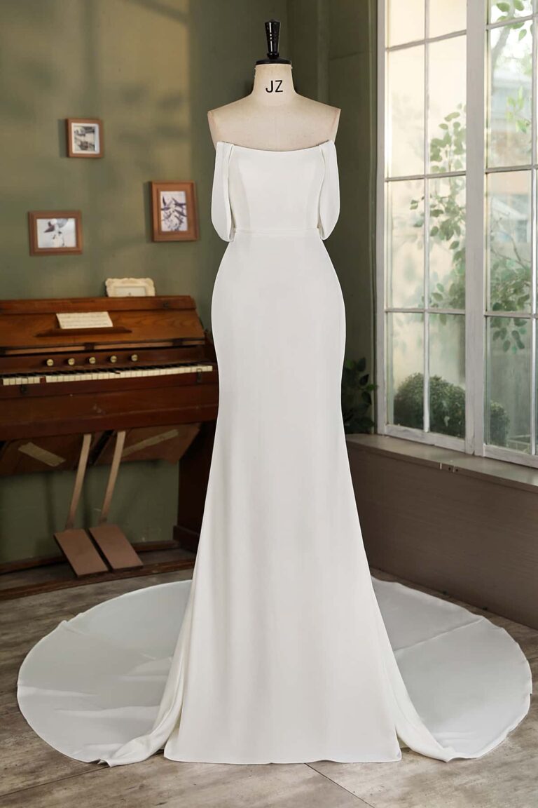 Off Shoulder Chiffon Sleeve Crepe Mermaid Bridal Dress CF3069